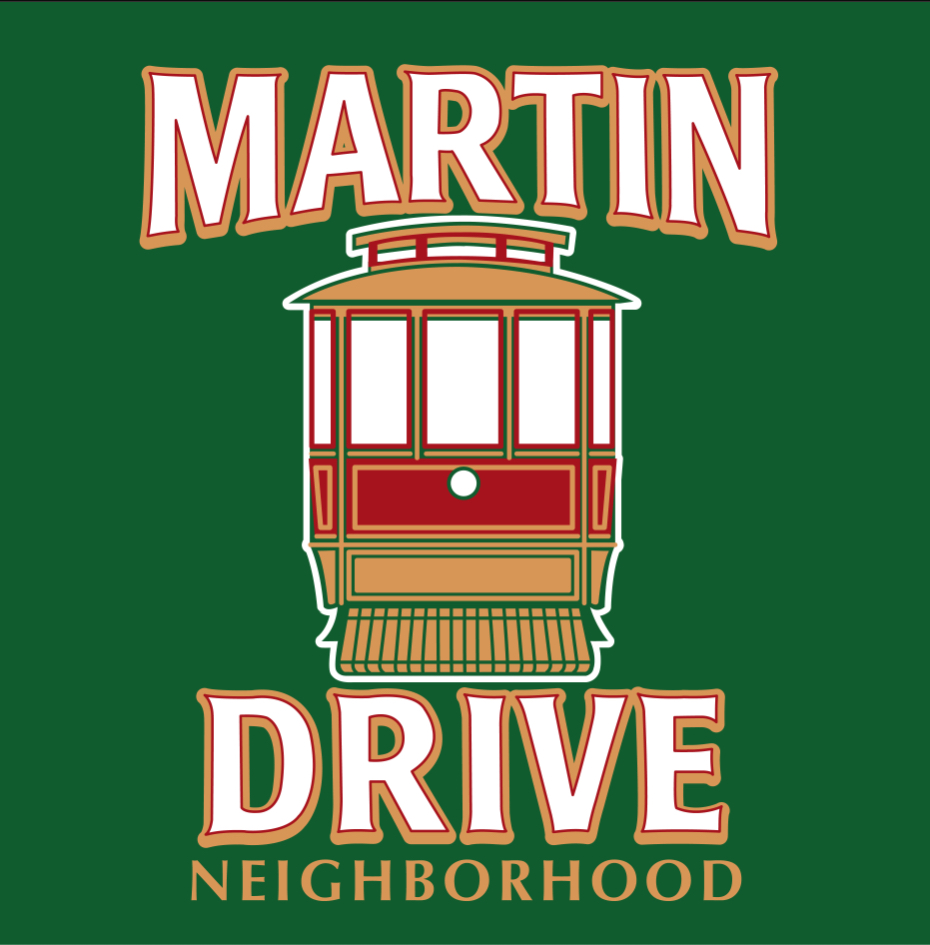 Green background image with a center graphic of a trolley (red with gold and white accents). White lettering with gold outlined reads "Martin Drive Neighborhood." 

Text overlaid graphic image reads "Martin Drive Neighborhood Association Website Redesign."

Link below reads "Learn More" and be selected to learn more about this project.